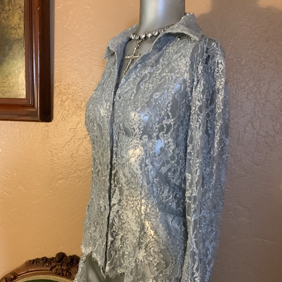 Basic II Blue Beaded Long Sleeve Button Up Blouse.  Sz L - Picture 2 of 5